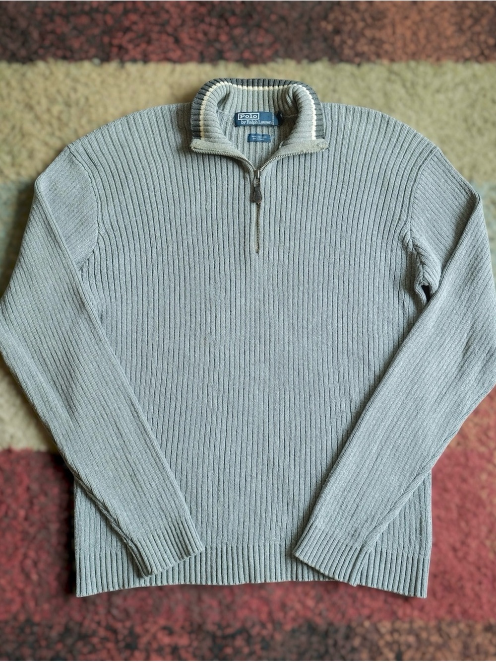 Vintage 90s Polo Ralph Lauren Ribbed 1/4 Zip Cotton Sweater Men L Gray Mock Neck